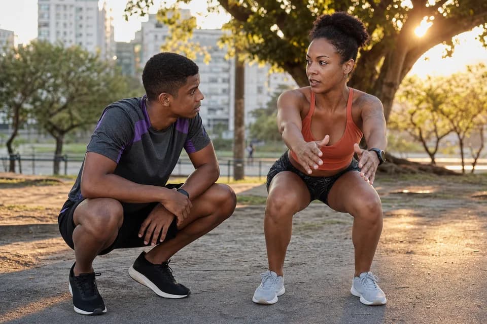 Personal trainer orientando aluno em treino funcional ao ar livre