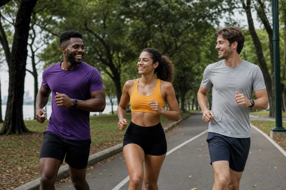 Grupo diverso aquecendo juntos para corrida em parque urbano