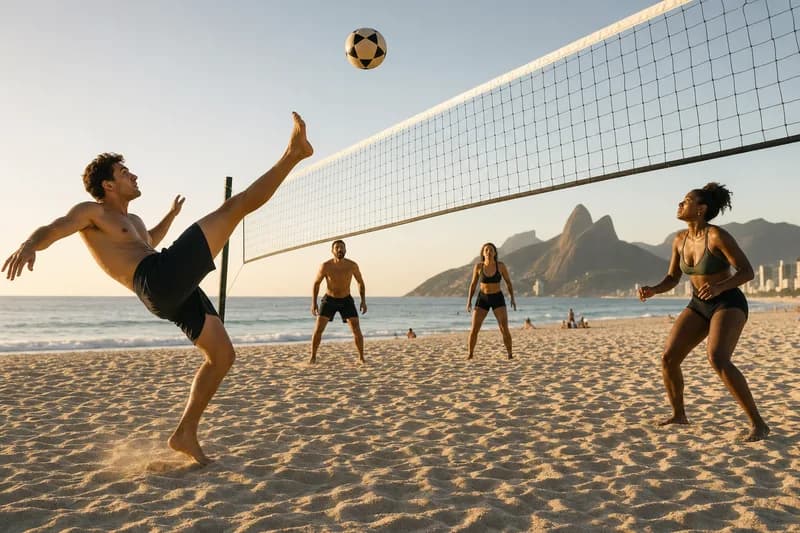 Jogadores de futevôlei em lados opostos da rede na areia