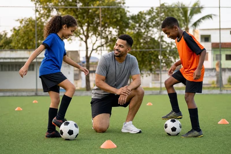 Professor de futebol orientando crianças em treino personalizado no campo