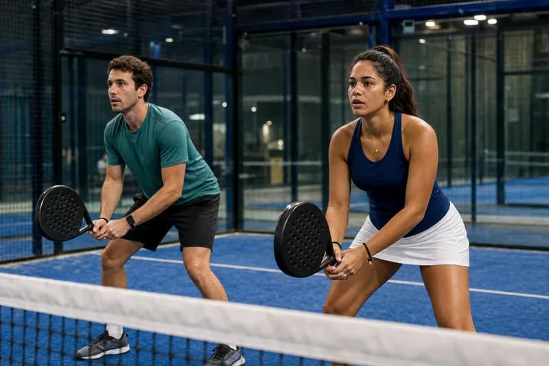 Aula de padel em quadra coberta com parede de vidro