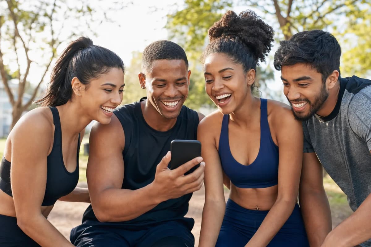 Grupo de pessoas conferindo novidades no celular após treino em conjunto